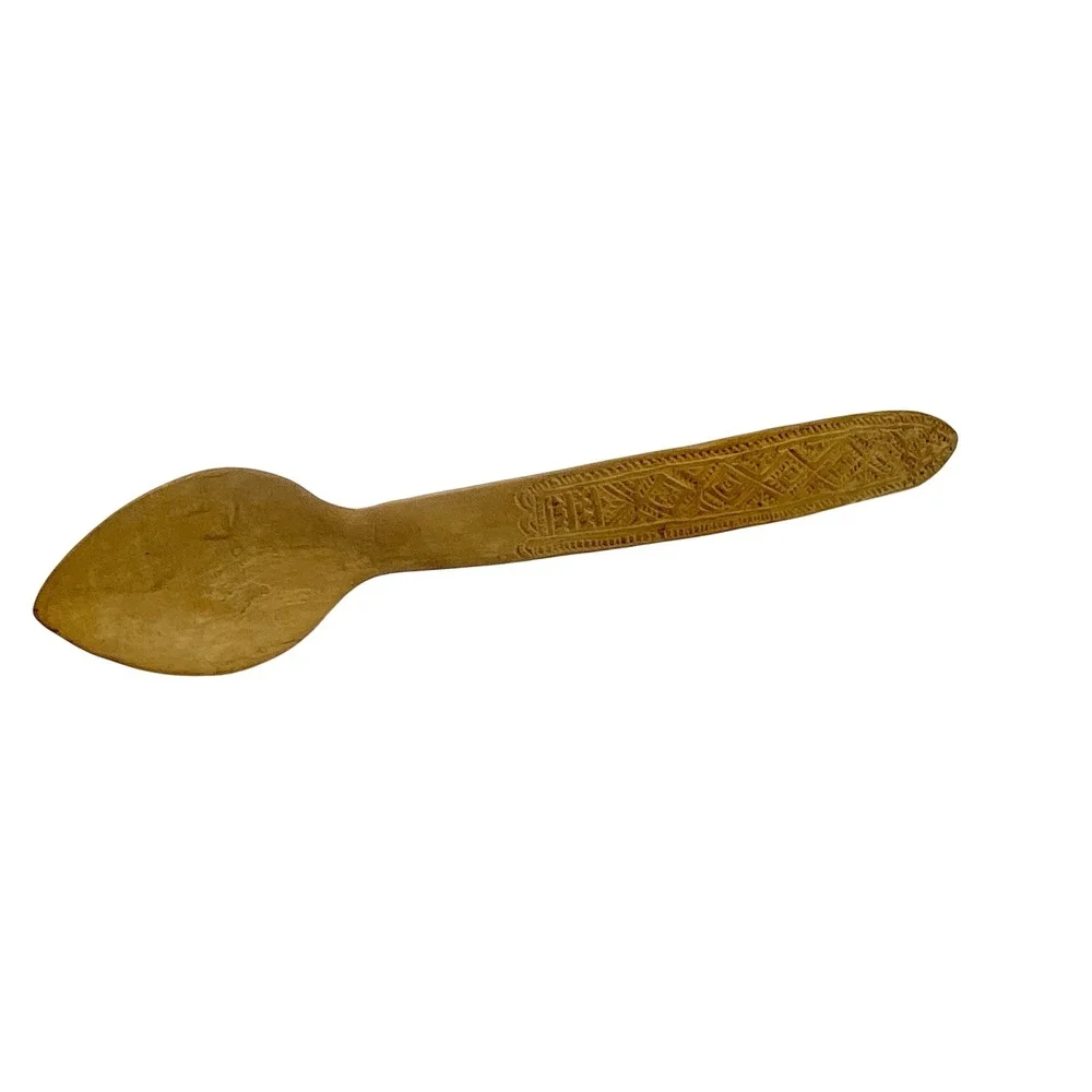 Vintage Primitive Wooden Spoon Hand Carved Detailed Curved Handle For Hanging